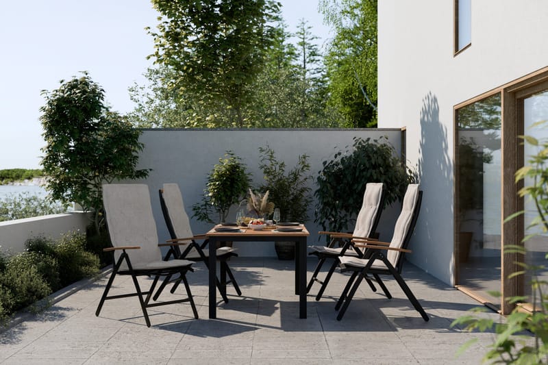 Ruokailuryhmä Las Vegas 220-280x100+ 6 tuolia Pehmuste - Musta/Tiikki - Puutarhakalusteet - Ulkoryhmä - Ruokailuryhmät ulos