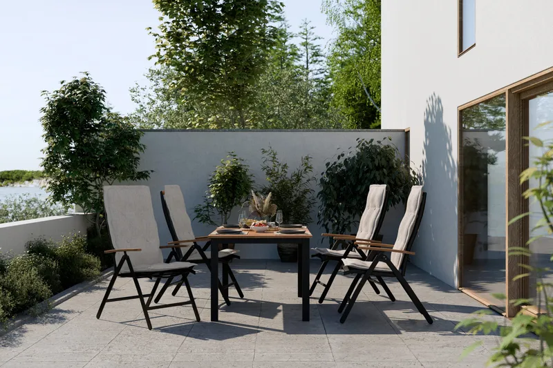 Ruokailuryhmä Las Vegas 220-280x100+ 6 tuolia Pehmuste - Musta/Tiikki - Puutarhakalusteet - Ulkoryhmä - Ruokailuryhmät ulos