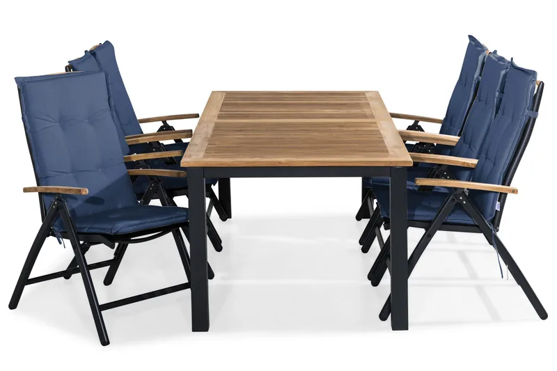 Ruokailuryhmä Las Vegas 220-280x100+ 6 tuolia Pehmuste - Musta/Tiikki/Sininen - Puutarhakalusteet - Ulkoryhmä - Ruokailuryhmät ulos