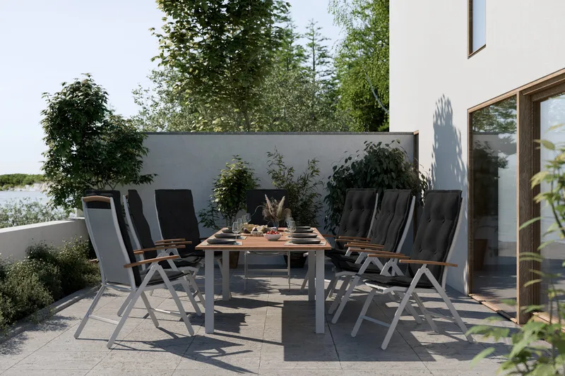 Ruokailuryhmä Las Vegas 220-280x100+ 8 Las Vegas Lyx Pehmust - Valk/Tiikki/Musta - Puutarhakalusteet - Ulkoryhmä - Ruokailuryhmät ulos