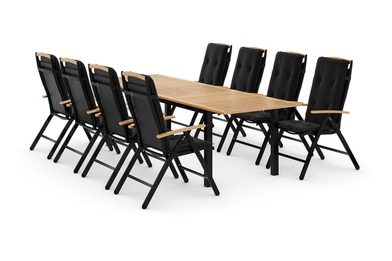 Ruokailuryhmä Las Vegas 220-280x100+ 8 tuolia Pehmuste - Musta/Tiikki - Puutarhakalusteet - Ulkoryhmä - Ruokailuryhmät ulos