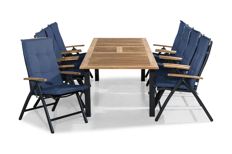 Ruokailuryhmä Las Vegas 220-280x100+ 8 tuolia Pehmuste, Musta/Tiikki/Sininen