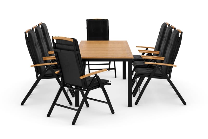 Ruokailuryhmä Las Vegas 220-280x100+ 8 tuolia Pehmuste - Musta/Tiikki - Puutarhakalusteet - Ulkoryhmä - Ruokailuryhmät ulos