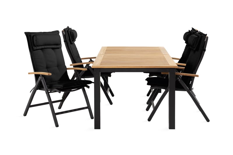Ruokailuryhmä Las Vegas 90x152-210 + 4 tuolia pehmuste - Musta/Tiikki - Puutarhakalusteet - Ulkoryhmä - Ruokailuryhmät ulos