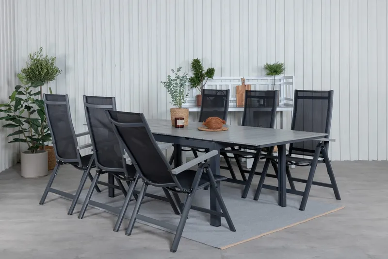 Ruokailuryhmä Levels Jatk 160 cm 6 Albany tuolia - Musta/Harmaa - Puutarhakalusteet - Ulkoryhmä - Ruokailuryhmät ulos
