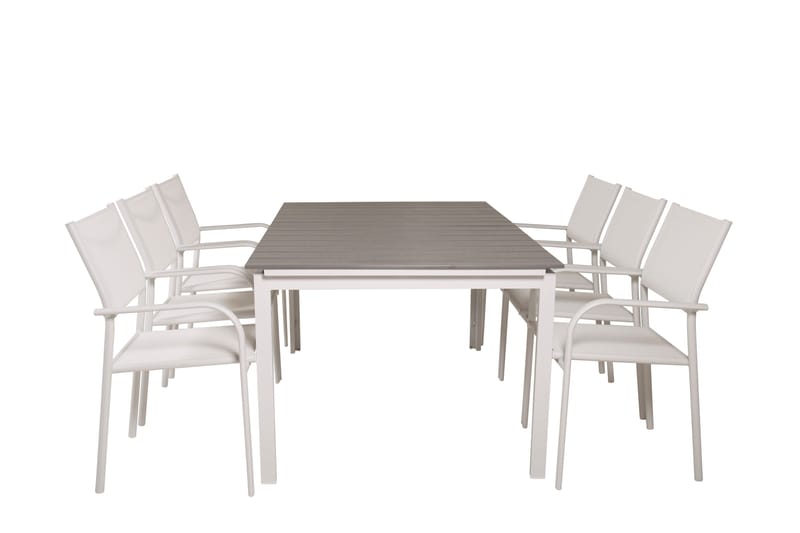 Ruokailuryhmä Levels Jatk 160 cm 6 Santorini tuolia - Valkoinen/Harmaa - Puutarhakalusteet - Ulkoryhmä - Ruokailuryhmät ulos