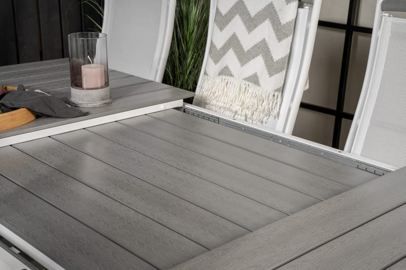 Ruokailuryhmä Levels Jatk 160 cm 8 Albany tuolia - Valkoinen/Harmaa - Puutarhakalusteet - Ulkoryhmä - Ruokailuryhmät ulos