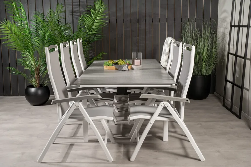 Ruokailuryhmä Levels Jatk 160 cm 8 Albany tuolia, Valkoinen/Harmaa