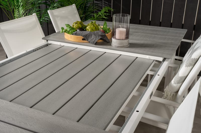 Ruokailuryhmä Levels Jatk 160 cm 8 Santorini tuolia - Valkoinen/Harmaa - Puutarhakalusteet - Ulkoryhmä - Ruokailuryhmät ulos