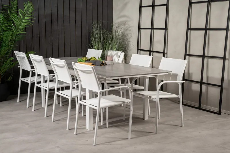 Ruokailuryhmä Levels Jatk 160 cm 8 Santorini tuolia, Valkoinen/Harmaa