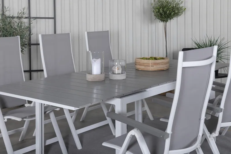 Ruokailuryhmä Levels Jatkettava 160 cm 6 Albany tuolia - Valkoinen - Puutarhakalusteet - Ulkoryhmä - Ruokailuryhmät ulos