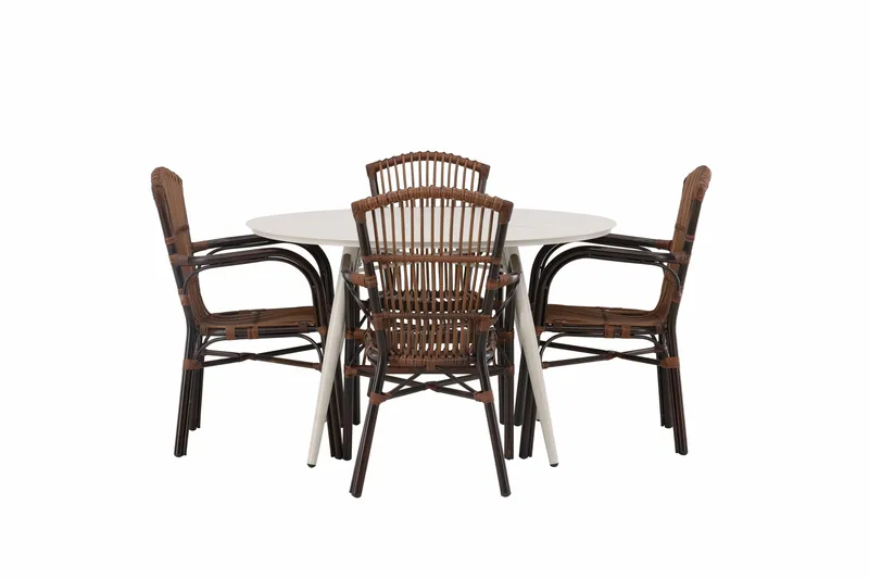 Ruokailuryhmä Lina Pyöreä 120 cm 4 Galera tuolia - Ruskea/Valkoinen - Puutarhakalusteet - Ulkoryhmä - Ruokailuryhmät ulos