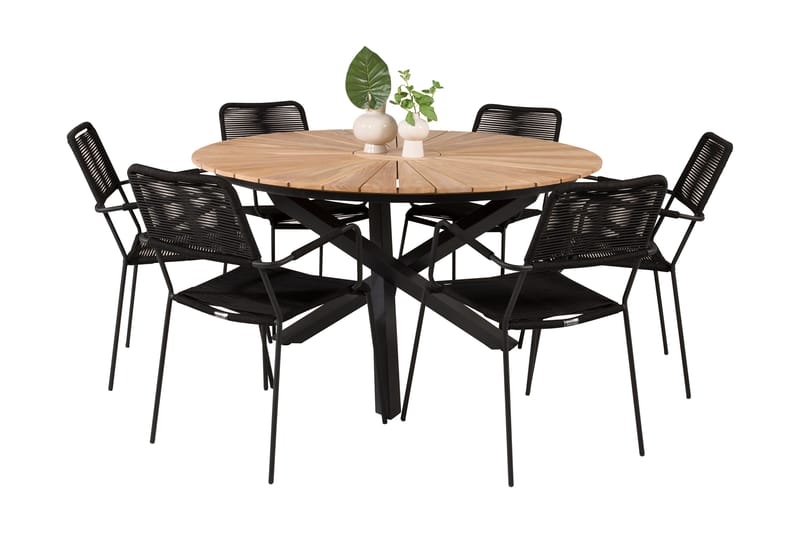 Ruokailuryhmä Mexico Pyöreä 140 cm 6 Lindos tuolia - Musta - Puutarhakalusteet - Ulkoryhmä - Ruokailuryhmät ulos