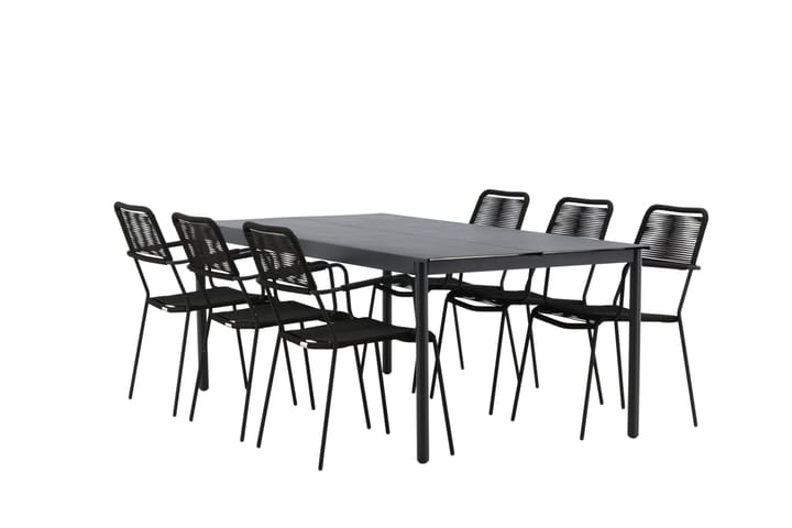 Ruokailuryhmä Modena 200x100 cm 6 Lindos tuolia - Alumiini/Musta - Ruokailuryhmät ulos