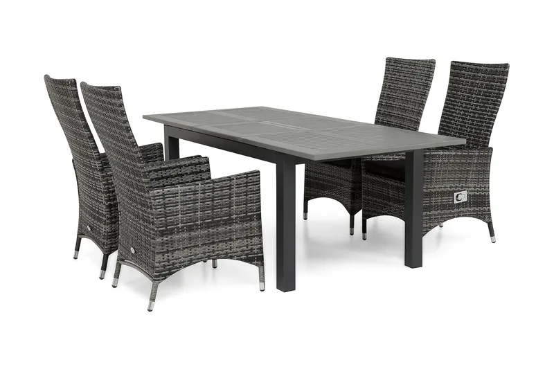 Ruokailuryhmä Monaco 152-210 + 4 Jenny Säädettävä Nojatuoli - Musta/Harmaa - Puutarhakalusteet - Ulkoryhmä - Ruokailuryhmät ulos