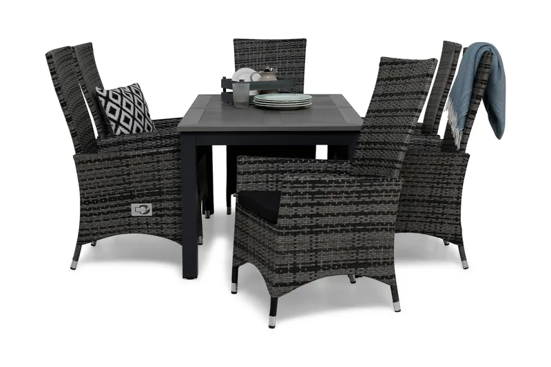 Ruokailuryhmä Monaco 152-210 + 6 Jenny Säädettävä Nojatuoli - Harmaa/Musta - Puutarhakalusteet - Ulkoryhmä - Ruokailuryhmät ulos