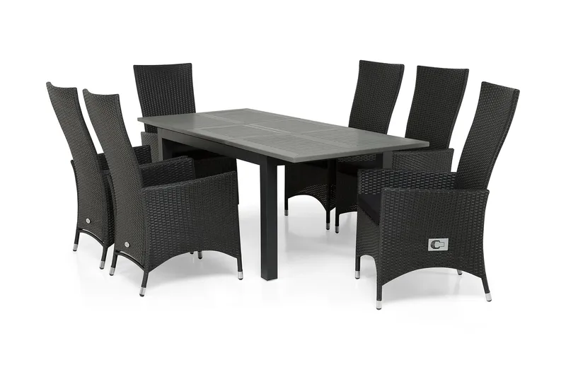 Ruokailuryhmä Monaco 152-210 + 6 Jenny Säädettävä Nojatuoli - Musta - Puutarhakalusteet - Ulkoryhmä - Ruokailuryhmät ulos