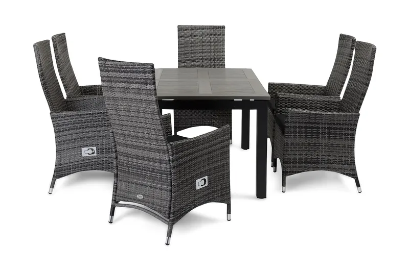 Ruokailuryhmä Monaco 152-210 + 6 Jenny Säädettävä Nojatuoli, Musta/Harmaa