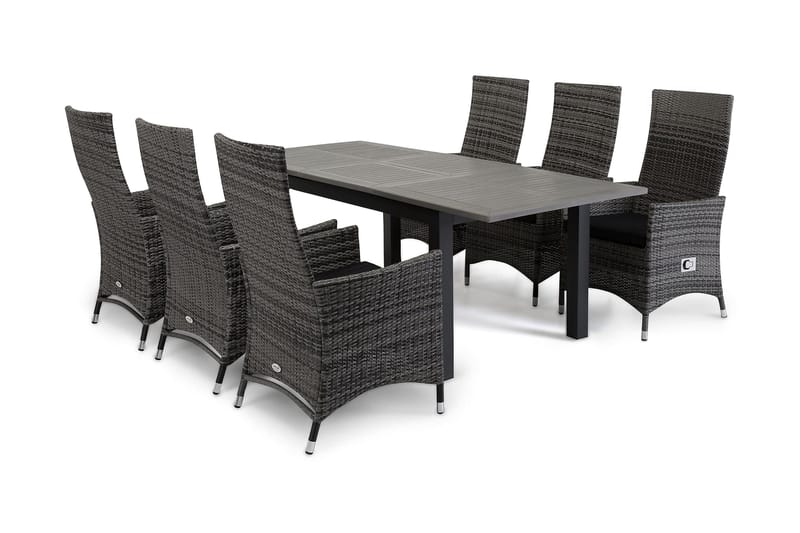 Ruokailuryhmä Monaco 152-210 + 6 Jenny Säädettävä Nojatuoli - Musta/Harmaa - Puutarhakalusteet - Ulkoryhmä - Ruokailuryhmät ulos