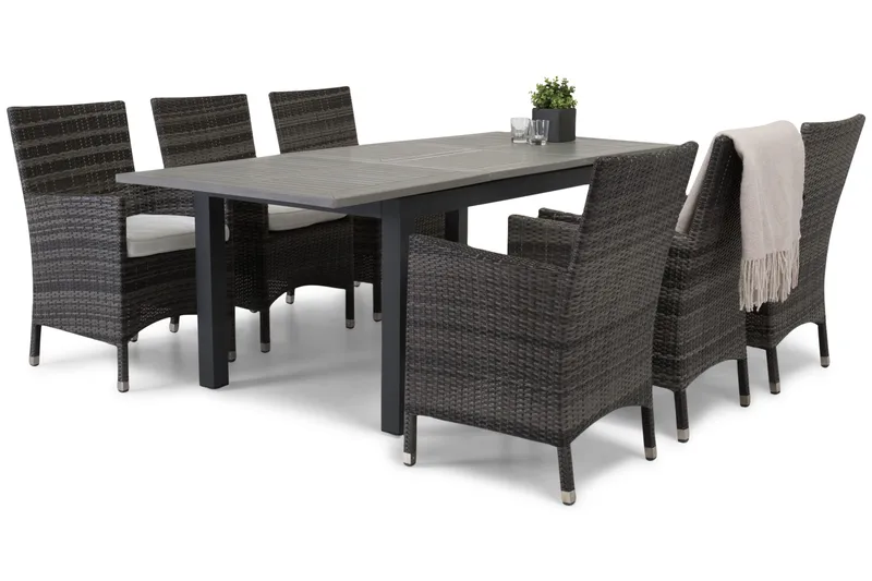 Ruokailuryhmä Monaco 152-210 + 6 Thor Nojatuoli - Musta/Harmaa - Puutarhakalusteet - Ulkoryhmä - Ruokailuryhmät ulos