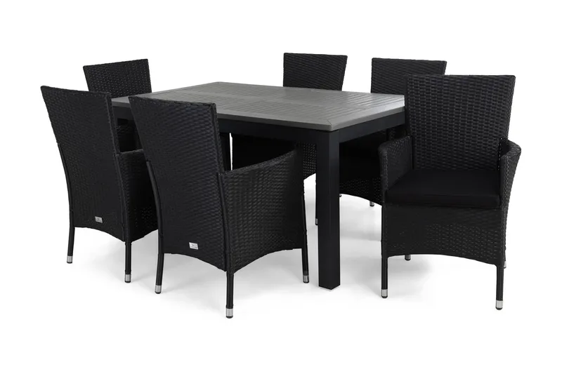 Ruokailuryhmä Monaco 152-210 cm 6 Thor tuolia Pehmusteet - Musta - Puutarhakalusteet - Ulkoryhmä - Ruokailuryhmät ulos