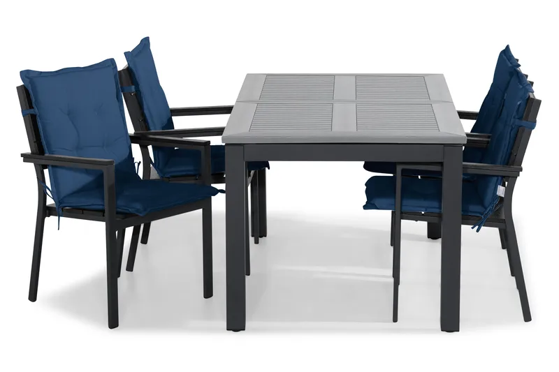 Ruokailuryhmä Monaco 152-210x90 + 4 Tunis tuolia Pehmuste - Musta/Sininen - Puutarhakalusteet - Ulkoryhmä - Ruokailuryhmät ulos
