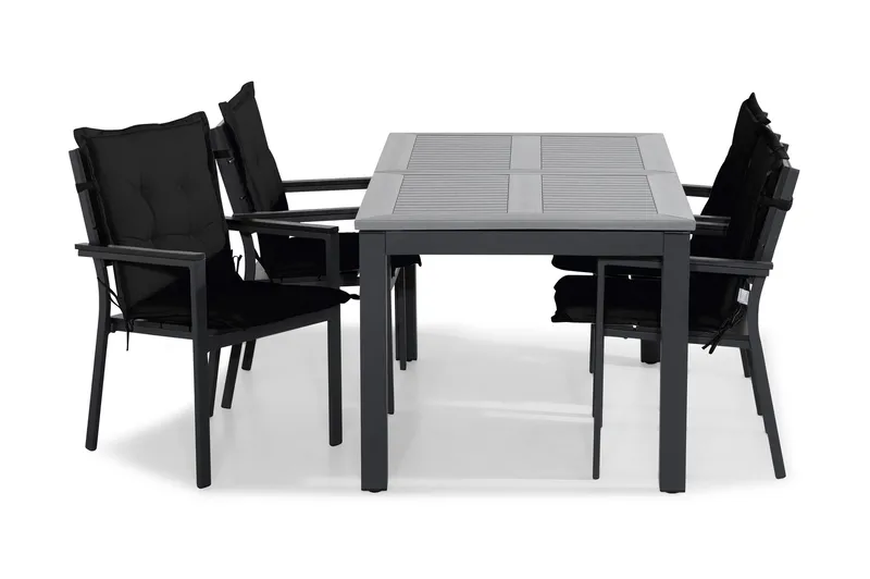 Ruokailuryhmä Monaco 152-210x90 + 4 Tunis tuolia Pehmus - Musta - Puutarhakalusteet - Ulkoryhmä - Ruokailuryhmät ulos
