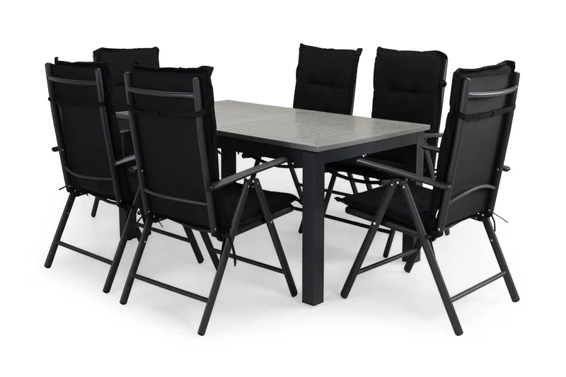 Ruokailuryhmä Monaco 152-210x90 + 6 Maggie tuolia Pehmuste - Musta - Puutarhakalusteet - Ulkoryhmä - Ruokailuryhmät ulos