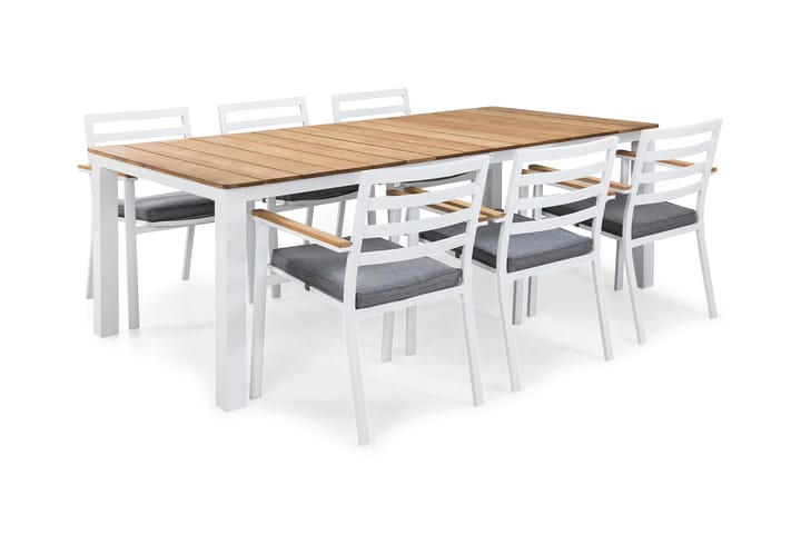 Ruokailuryhmä Olive 210x100 + 6 tuolia pehmuste - Tiikki/Valkoinen/Harmaa - Ruokailuryhmät ulos