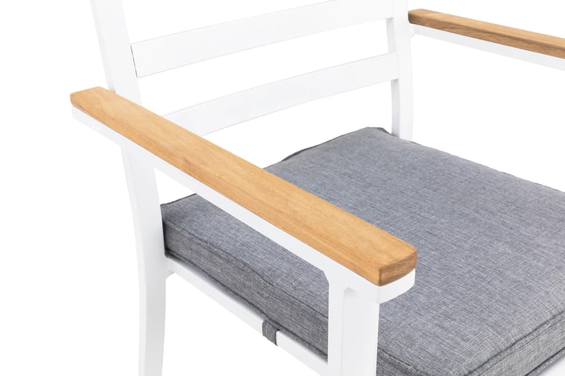 Ruokailuryhmä Oliver 140 cm Pyöreä 6 Oliver tuolia Pehmustee - Tiikki/Valkoinen - Puutarhakalusteet - Ulkoryhmä - Ruokailuryhmät ulos