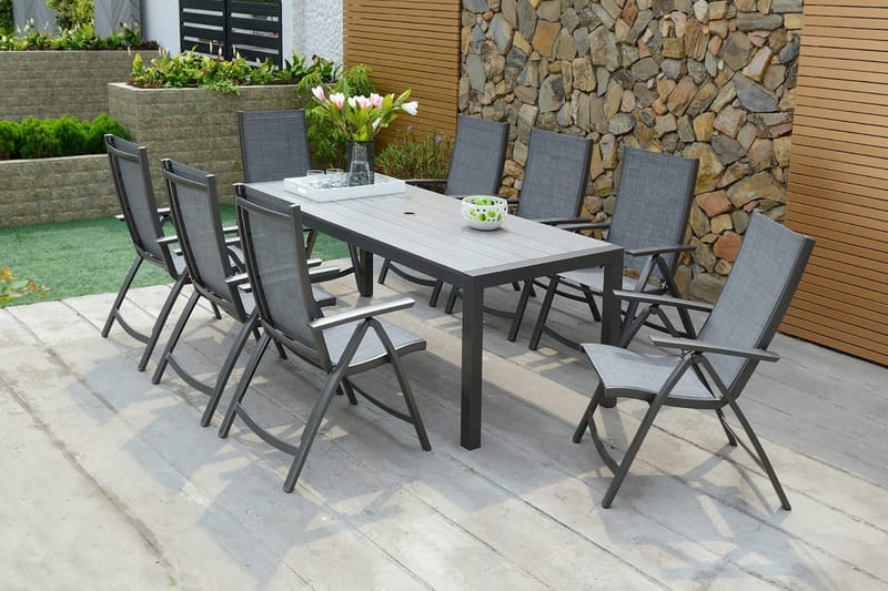 Ruokailuryhmä Solana 201 cm + 8 Säätötuolia - Harmaa - Puutarhakalusteet - Ulkoryhmä - Ruokailuryhmät ulos