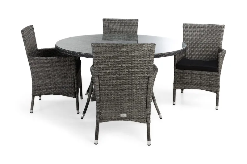 Ruokailuryhmä Thor Ø140 + 4 Thor Nojatuoli pehmusteella, Harmaa/Harmaa/Musta
