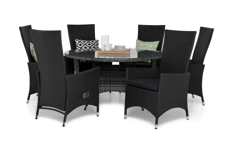 Ruokailuryhmä Thor Ø140 + 6 Jenny Säädettävä Nojatuoli pehmu, Musta/Harmaa