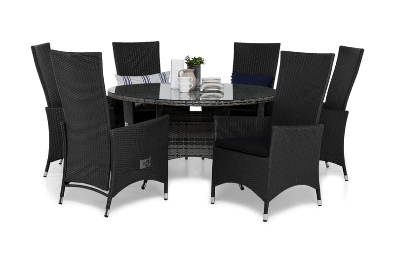 Ruokailuryhmä Thor Ø140 + 6 Jenny Säädettävä Nojatuoli pehmu, Harmaa/Musta