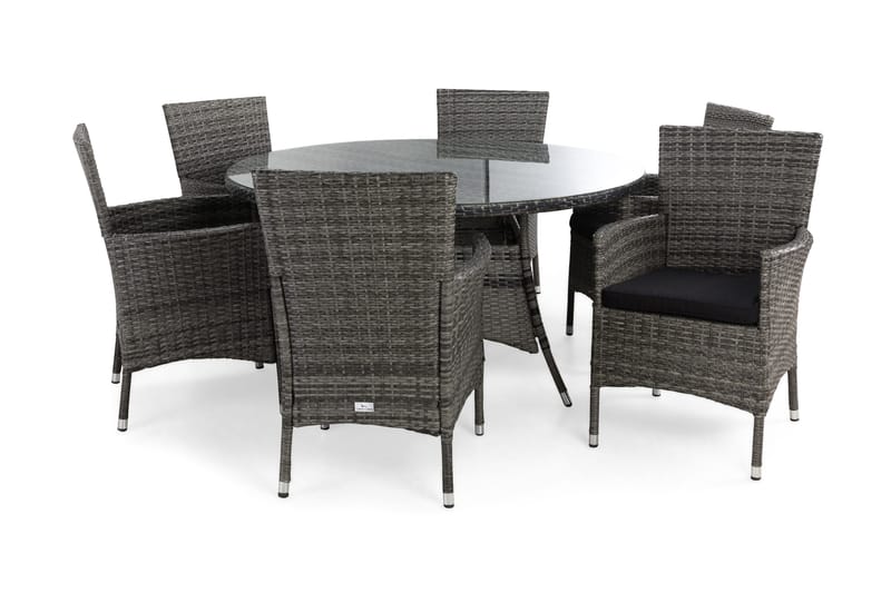 Ruokailuryhmä Thor Ø140 + 6 Thor Nojatuoli pehmusteella, Harmaa/Harmaa/Musta