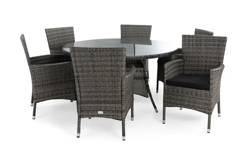 Ruokailuryhmä Thor Ø140 + 6 Thor Nojatuoli pehmusteella, Harmaa/Harmaa/Musta