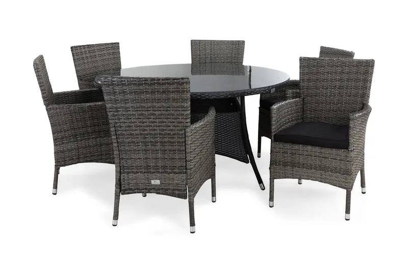 Ruokailuryhmä Thor Ø140 + 6 Thor Nojatuoli pehmusteella - Musta/Harmaa/Musta - Puutarhakalusteet - Ulkoryhmä - Ruokailuryhmät ulos