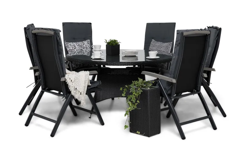 Ruokailuryhmä Thor 140 cm Pyöreä 6 Monaco Lyx tuolia Pehmust, Musta/Harmaa