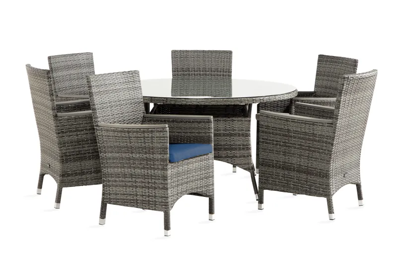 Ruokailuryhmä Thor 140 cm Pyöreä 6 Thor Lyx tuolia Pehmustee - Harmaa/Aintwood/Sininen - Puutarhakalusteet - Ulkoryhmä - Ruokailuryhmät ulos