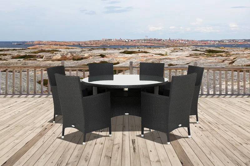 Ruokailuryhmä Thor 140 cm Pyöreä + 6 Thor Nojatuolia - Musta - Puutarhakalusteet - Ulkoryhmä - Ruokailuryhmät ulos
