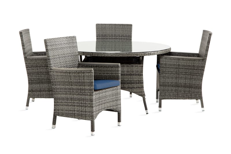 Ruokailuryhmä Thor 140 cm Pyöreä 4 Thor Lyx tuolia Pehmustee - Harmaa/Aintwood/Sininen - Puutarhakalusteet - Ulkoryhmä - Ruokailuryhmät ulos