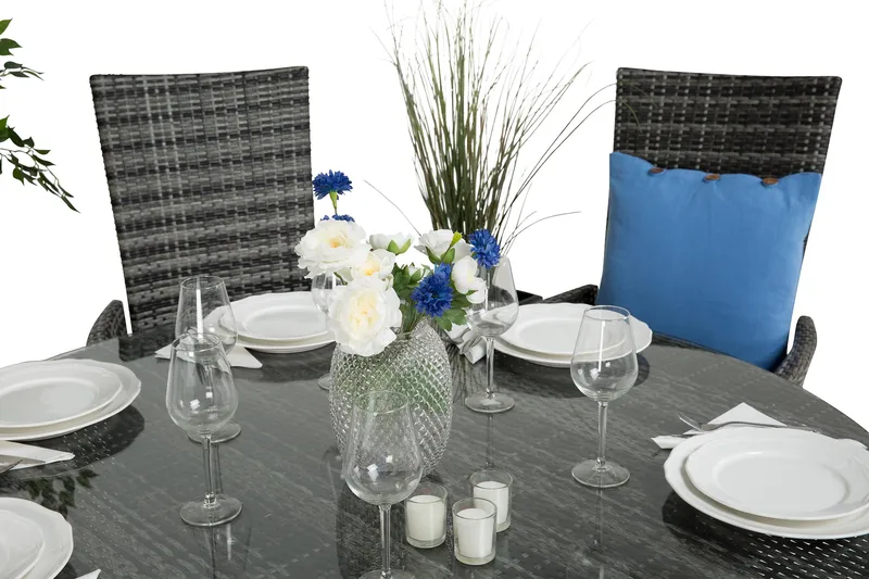 Ruokailuryhmä Thor 140 cm Pyöreä + 6 Jenny Säädettävää Nojat - Harmaa - Puutarhakalusteet - Ulkoryhmä - Ruokailuryhmät ulos