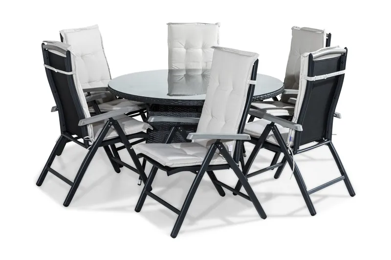Ruokailuryhmä Thor 140 Pyöreä + 6 Monaco tuolia Pehmuste, Musta/Harmaa/Valkoinen