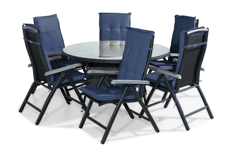 Ruokailuryhmä Thor 140 Pyöreä + 6 Monaco tuolia Pehmuste - Musta/Harmaa/Sininen - Puutarhakalusteet - Ulkoryhmä - Ruokailuryhmät ulos