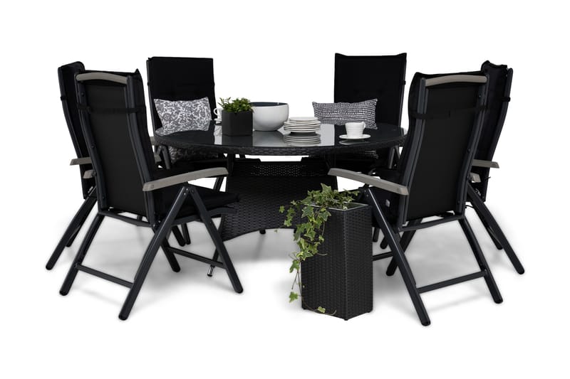 Ruokailuryhmä Thor 140 Pyöreä + 6 Monaco tuolia Pehmuste, Musta/Harmaa