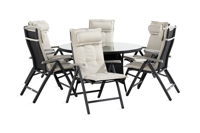 Ruokailuryhmä Thor 140 Pyöreä + 6 Monaco Säätötuolia pehm - Musta/Harmaa/L.valkoinen - Puutarhakalusteet - Ulkoryhmä - Ruokailuryhmät ulos