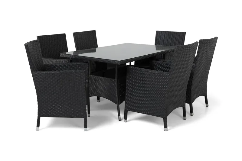 Ruokailuryhmä Thor 140x90 cm + 6 Thor Nojatuolia - Musta - Puutarhakalusteet - Ulkoryhmä - Ruokailuryhmät ulos