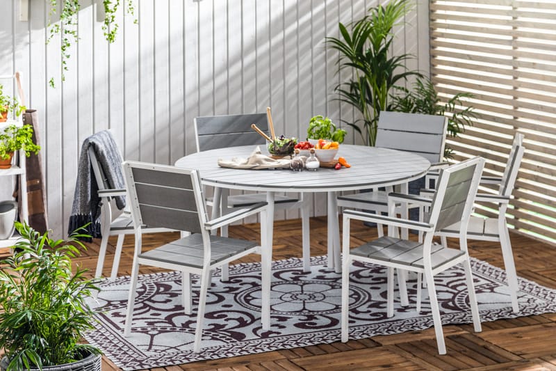 Ruokailuryhmä Tunis 140 Pyöreä 6 Tunis tuolia - Valkoinen/Harmaa - Puutarhakalusteet - Ulkoryhmä - Ruokailuryhmät ulos