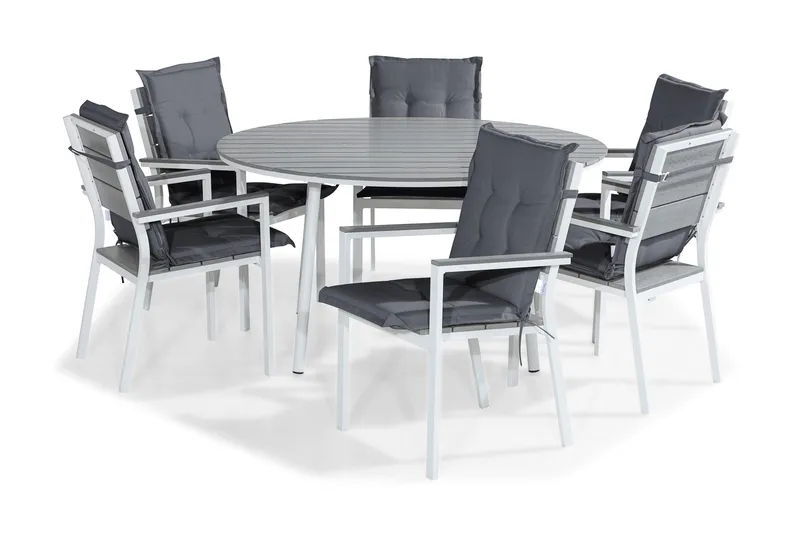 Ruokailuryhmä Tunis 140 Pyöreä 6 Tunis tuolia Pehmusteet, Valkoinen/Harmaa