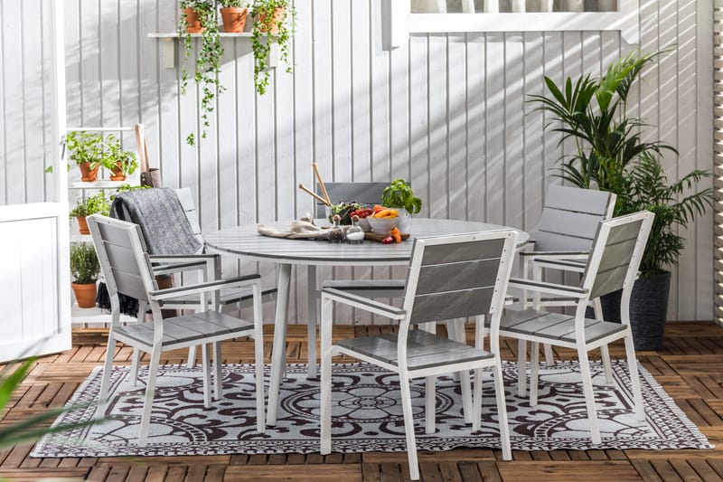Ruokailuryhmä Tunis 140 Pyöreä 6 Tunis tuolia - Valkoinen/Harmaa - Puutarhakalusteet - Ulkoryhmä - Ruokailuryhmät ulos